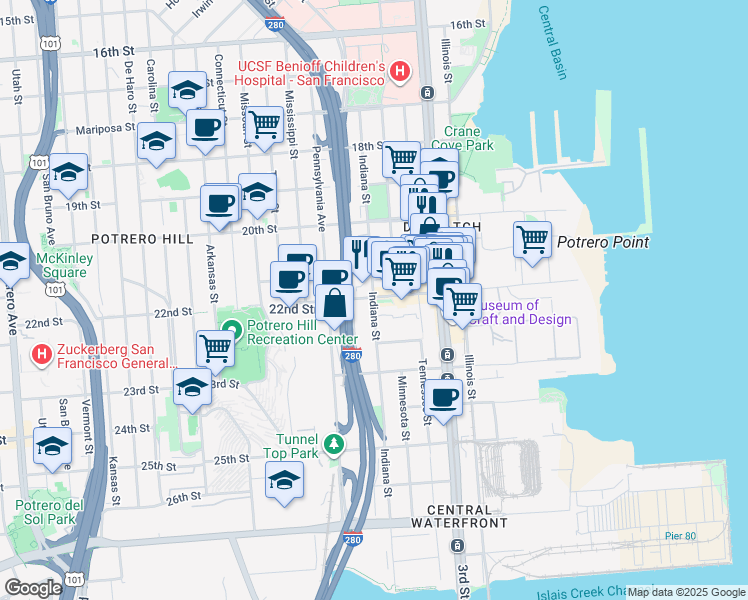 map of restaurants, bars, coffee shops, grocery stores, and more near Indiana Street in San Francisco