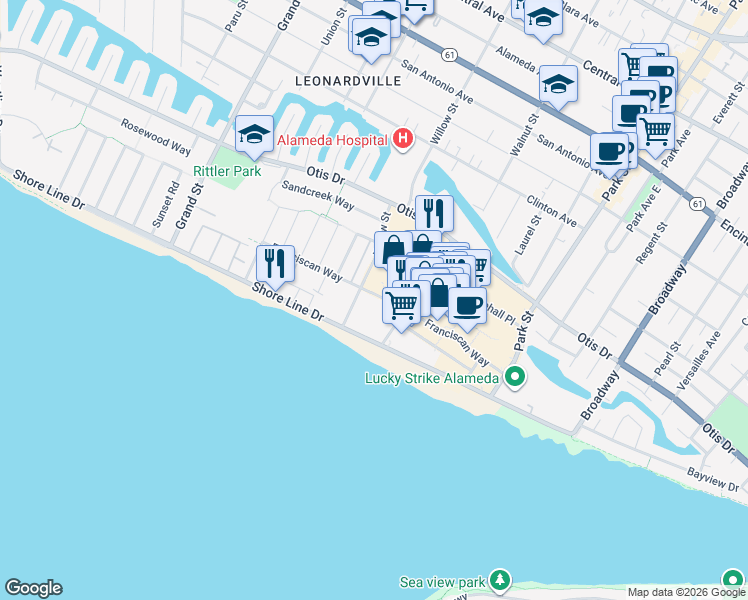 map of restaurants, bars, coffee shops, grocery stores, and more near 333 Willow Street in Alameda