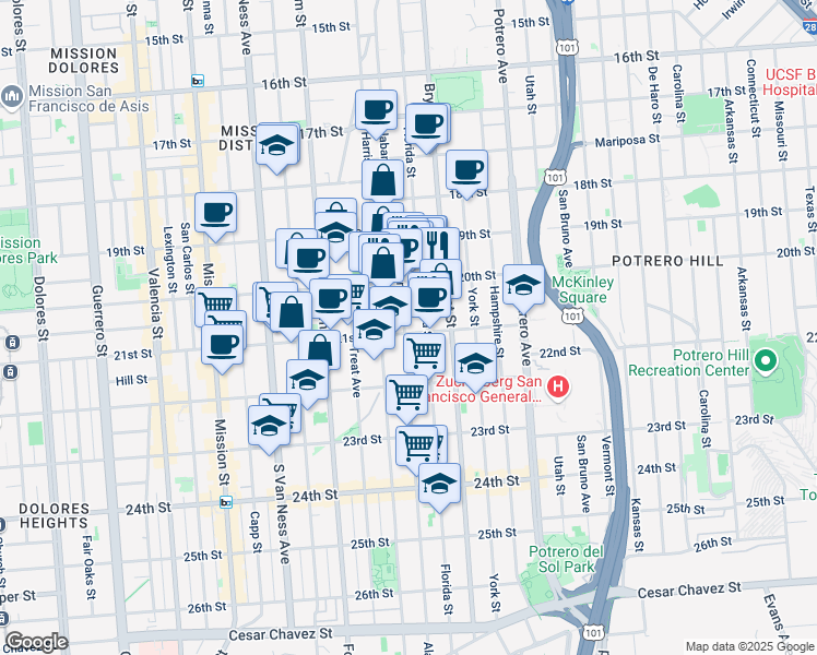 map of restaurants, bars, coffee shops, grocery stores, and more near 2471 Harrison Street in San Francisco