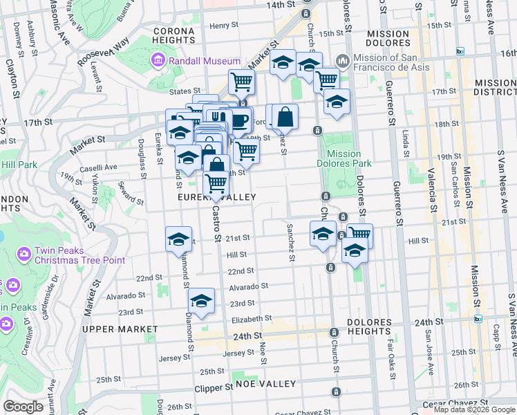 map of restaurants, bars, coffee shops, grocery stores, and more near 4052 20th Street in San Francisco