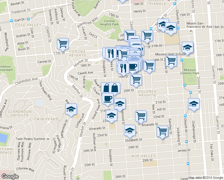 map of restaurants, bars, coffee shops, grocery stores, and more near 271 Eureka Street in San Francisco