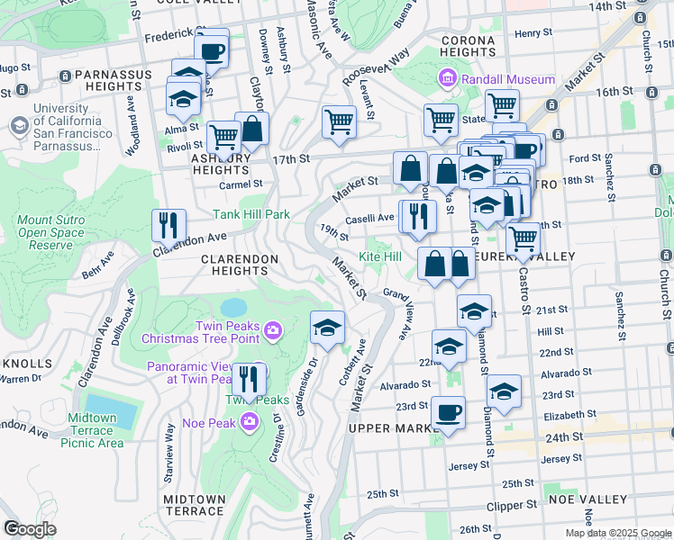 map of restaurants, bars, coffee shops, grocery stores, and more near 3369 Market Street in San Francisco