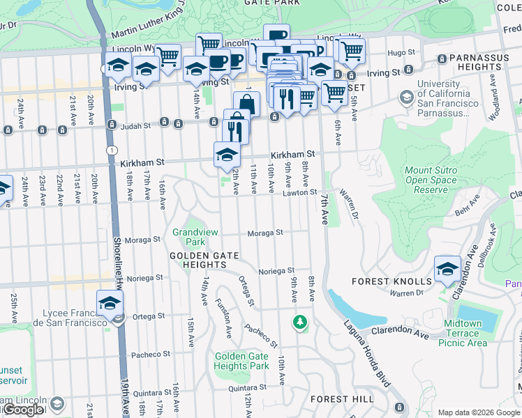 map of restaurants, bars, coffee shops, grocery stores, and more near 419 Lawton Street in San Francisco
