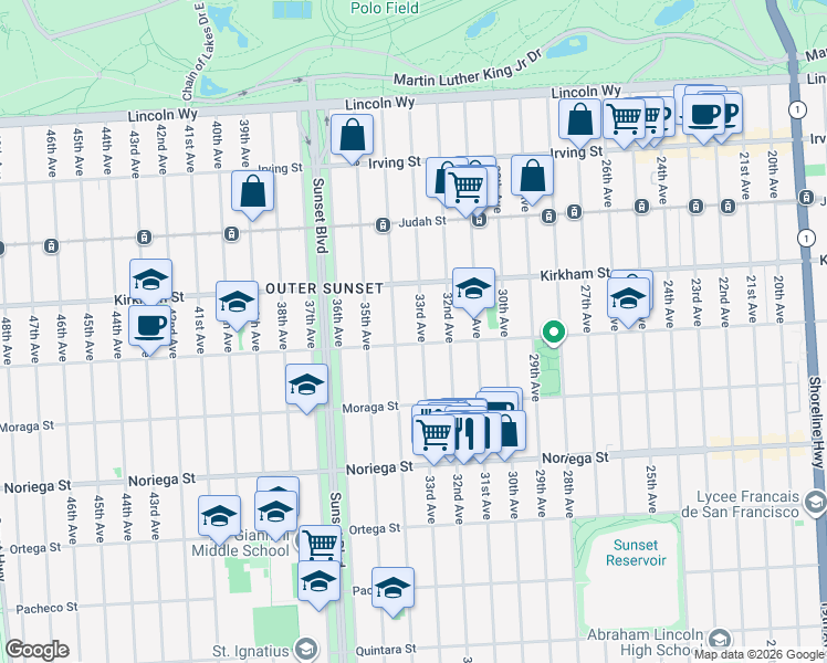 map of restaurants, bars, coffee shops, grocery stores, and more near 1562 33rd Avenue in San Francisco