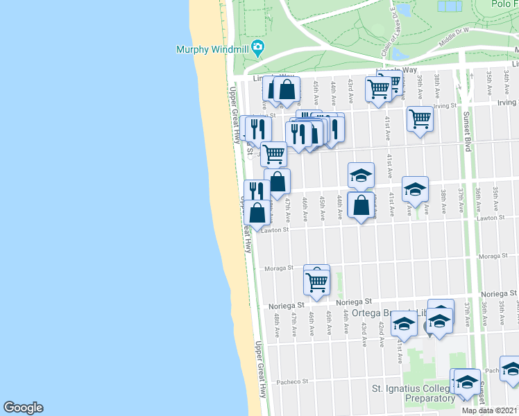 map of restaurants, bars, coffee shops, grocery stores, and more near 1523 48th Avenue in San Francisco