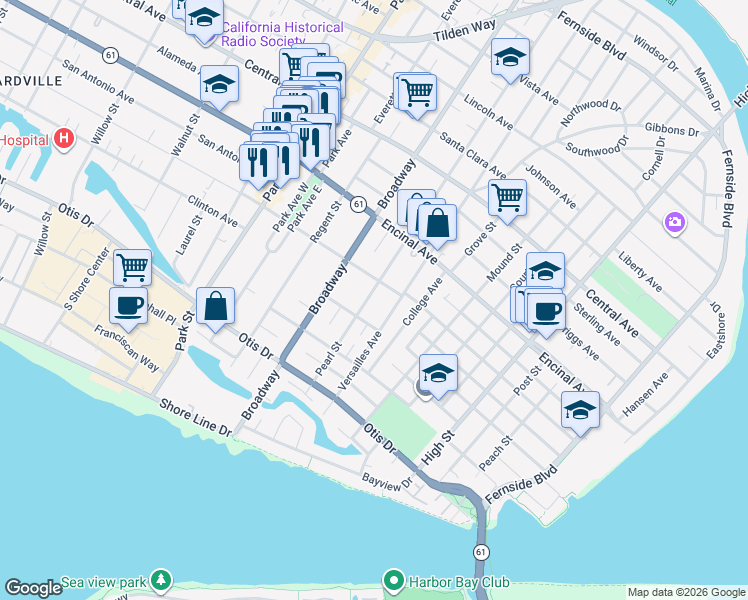 map of restaurants, bars, coffee shops, grocery stores, and more near 1124 Pearl Street in Alameda