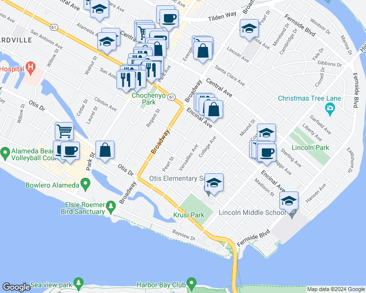 map of restaurants, bars, coffee shops, grocery stores, and more near 1124 Pearl Street in Alameda