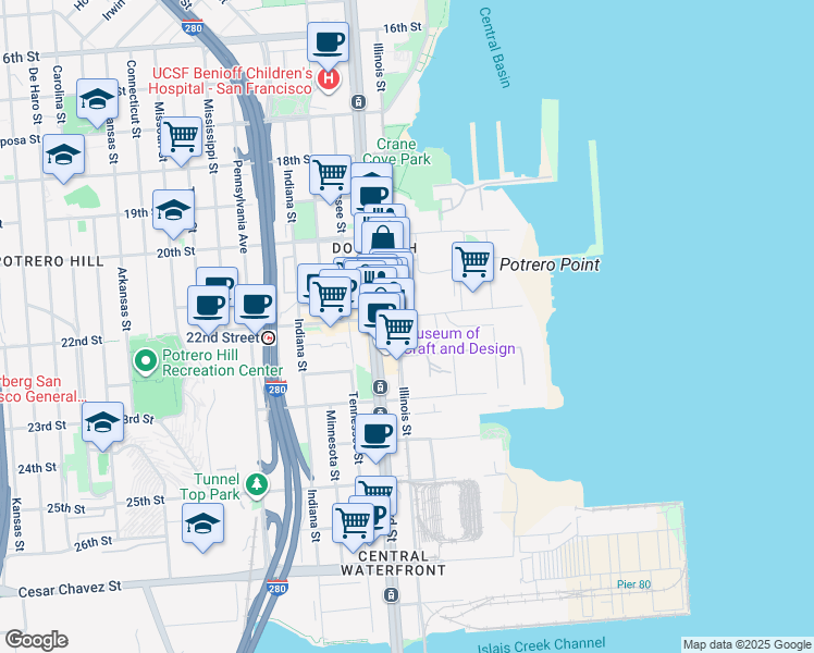 map of restaurants, bars, coffee shops, grocery stores, and more near 1101 Illinois Street in San Francisco