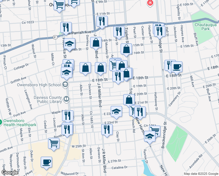 map of restaurants, bars, coffee shops, grocery stores, and more near 1901 Colonial Court in Owensboro