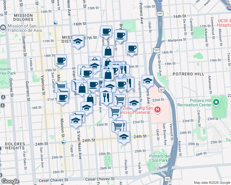 map of restaurants, bars, coffee shops, grocery stores, and more near 2844 21st Street in San Francisco