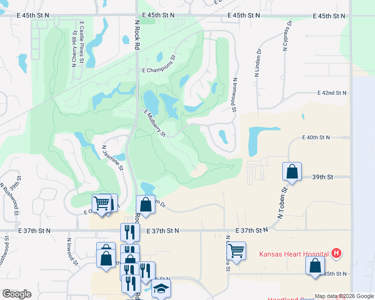 map of restaurants, bars, coffee shops, grocery stores, and more near 4030 North Tara Circle in Wichita