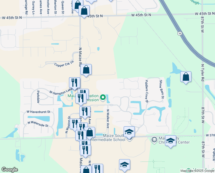 map of restaurants, bars, coffee shops, grocery stores, and more near 4060 Reed Avenue in Maize