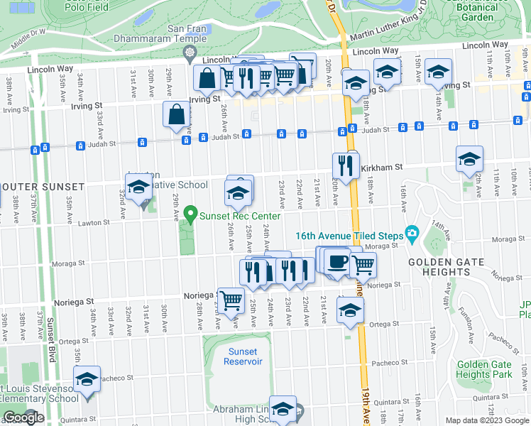 map of restaurants, bars, coffee shops, grocery stores, and more near 24th Ave & Lawton St in San Francisco