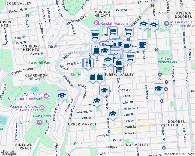 map of restaurants, bars, coffee shops, grocery stores, and more near 271 Eureka Street in San Francisco