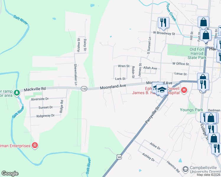 map of restaurants, bars, coffee shops, grocery stores, and more near 706 Parkway Avenue in Harrodsburg