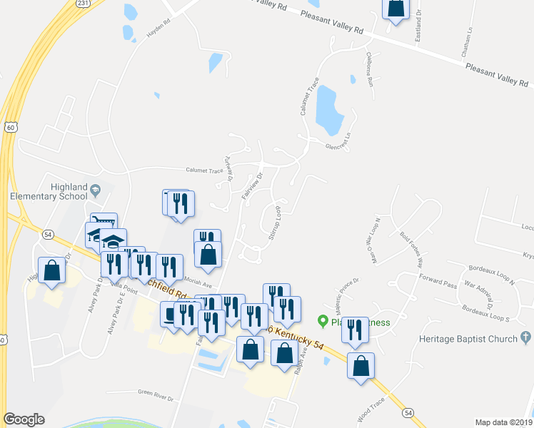 map of restaurants, bars, coffee shops, grocery stores, and more near 3148 Bridle Way in Owensboro