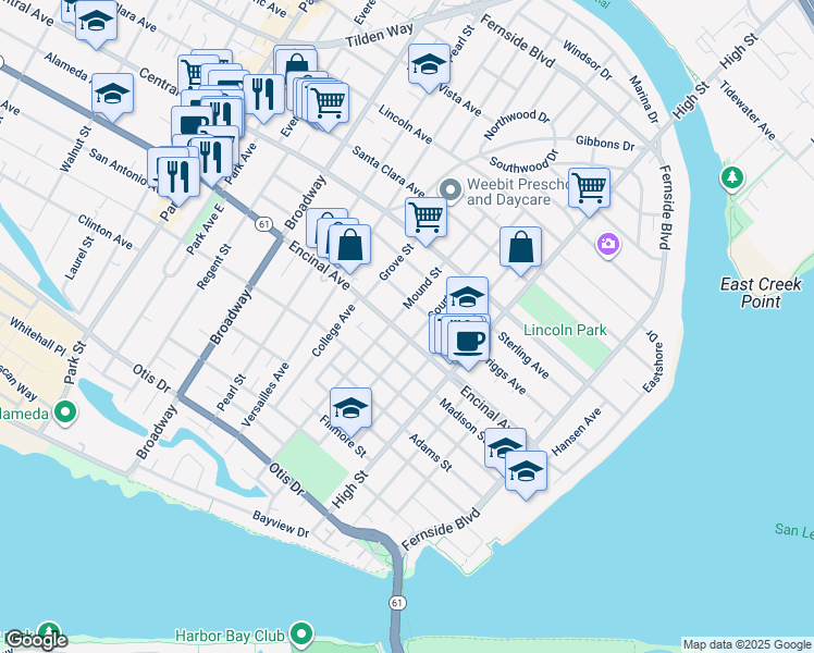 map of restaurants, bars, coffee shops, grocery stores, and more near 2909 Encinal Avenue in Alameda