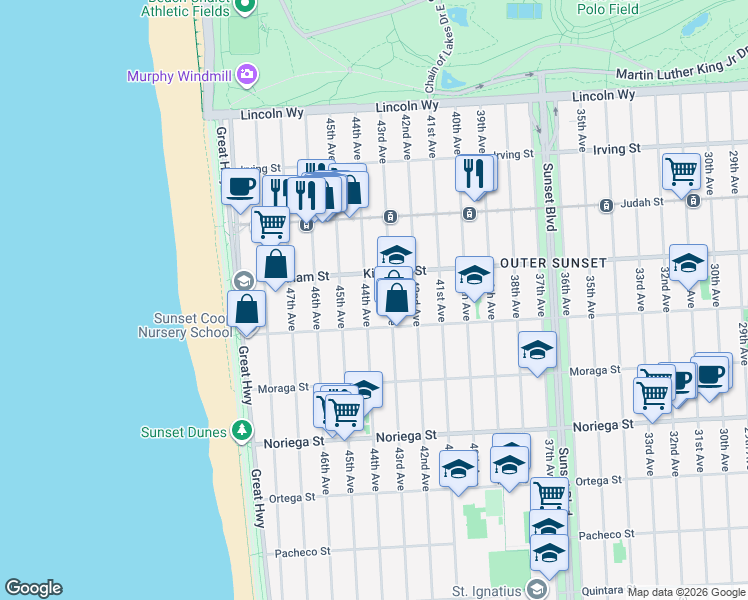 map of restaurants, bars, coffee shops, grocery stores, and more near 1534 44th Avenue in San Francisco