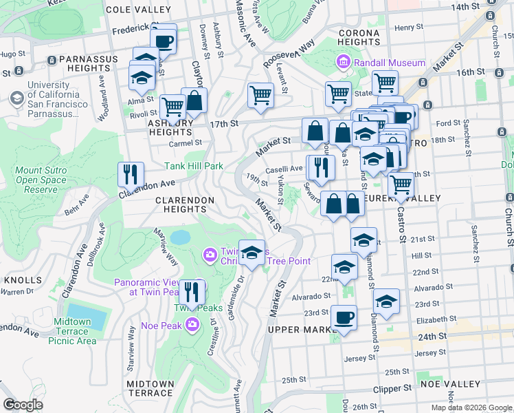 map of restaurants, bars, coffee shops, grocery stores, and more near 3369 Market Street in San Francisco