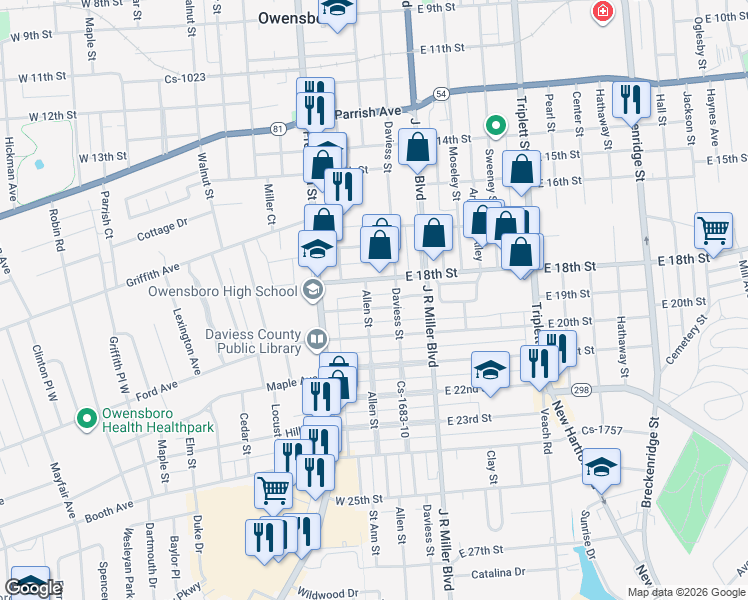 map of restaurants, bars, coffee shops, grocery stores, and more near 107 East 19th Street in Owensboro
