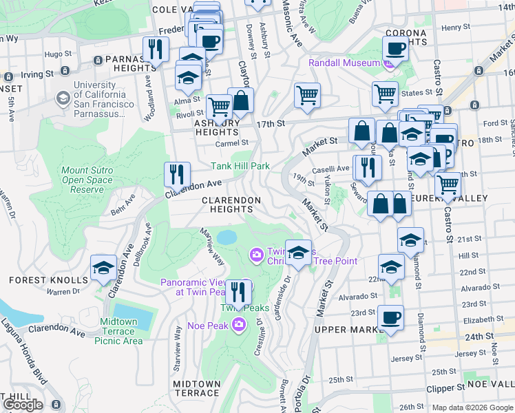 map of restaurants, bars, coffee shops, grocery stores, and more near 123 Graystone Terrace in San Francisco