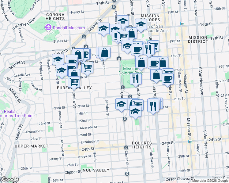 map of restaurants, bars, coffee shops, grocery stores, and more near 3945 20th Street in San Francisco