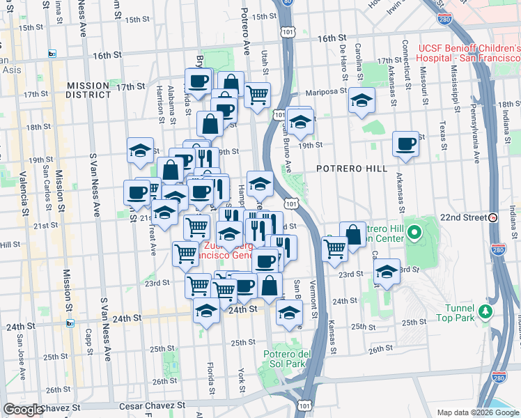 map of restaurants, bars, coffee shops, grocery stores, and more near Potrero Ave & 21st St in San Francisco
