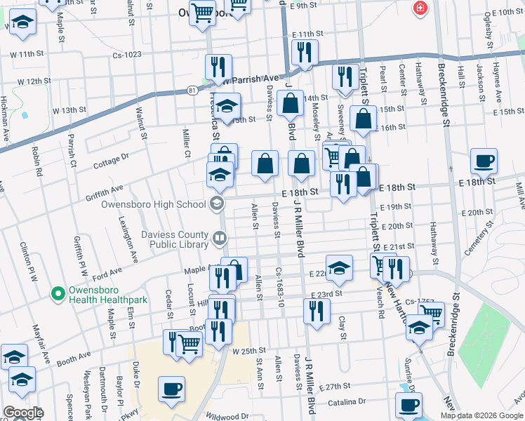 map of restaurants, bars, coffee shops, grocery stores, and more near 107 E 19th St in Owensboro