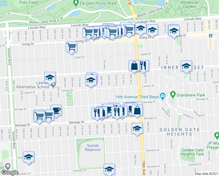 map of restaurants, bars, coffee shops, grocery stores, and more near 23rd Avenue in San Francisco