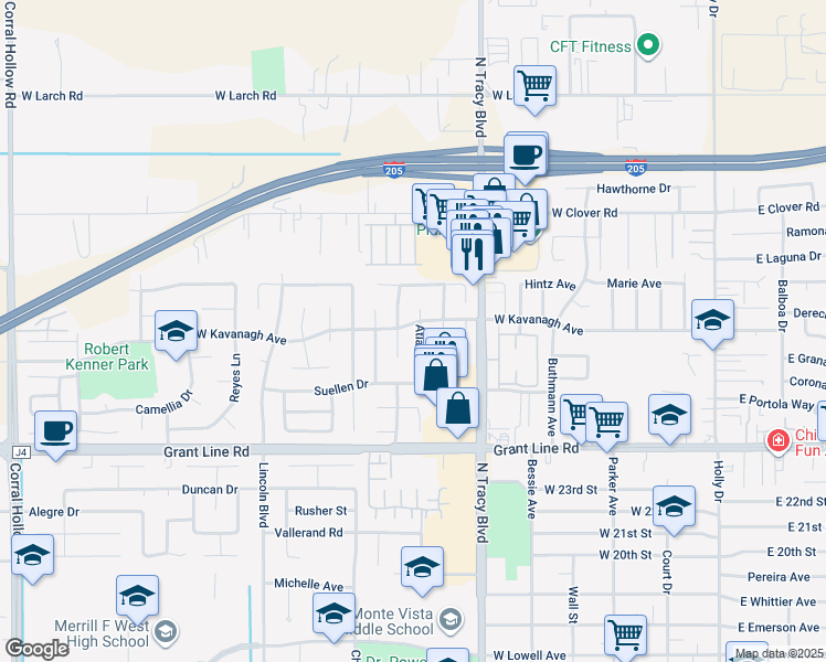 map of restaurants, bars, coffee shops, grocery stores, and more near 2875 Atlanta Drive in Tracy