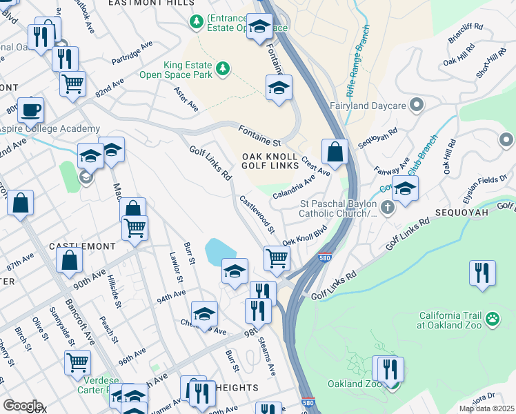 map of restaurants, bars, coffee shops, grocery stores, and more near 9090 Castlewood Street in Oakland