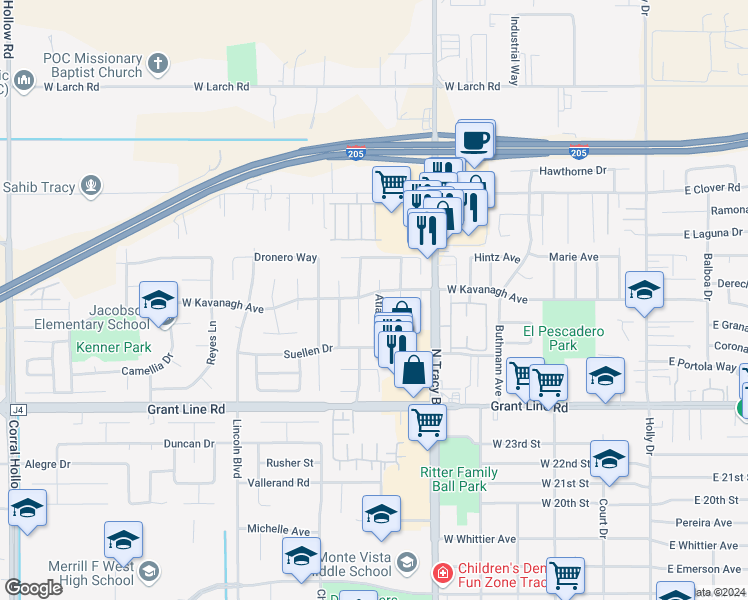 map of restaurants, bars, coffee shops, grocery stores, and more near 2875 Atlanta Drive in Tracy