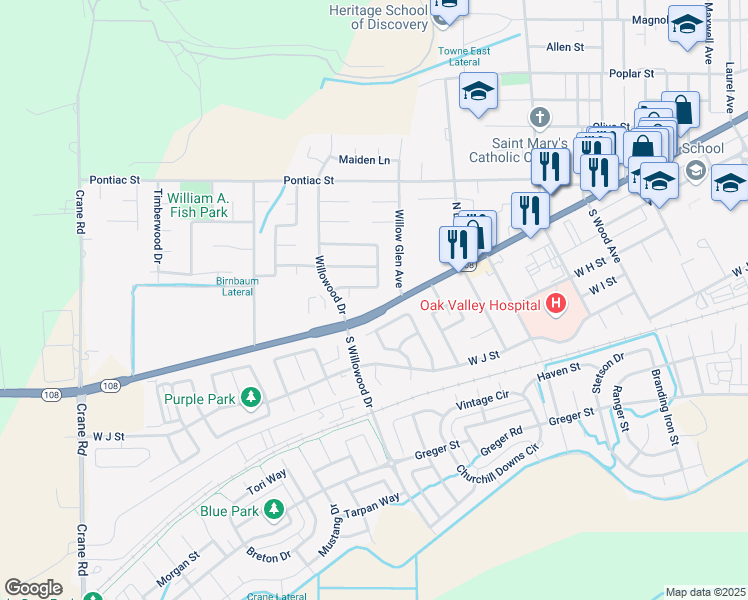 map of restaurants, bars, coffee shops, grocery stores, and more near 27 Black Pine Way in Oakdale