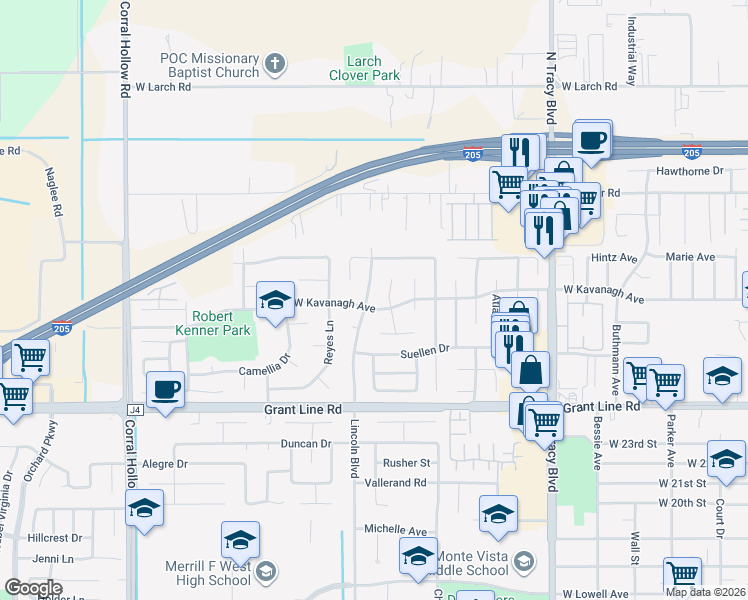map of restaurants, bars, coffee shops, grocery stores, and more near 2911 Lincoln Boulevard in Tracy