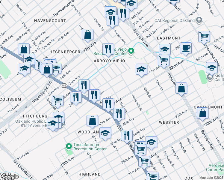 map of restaurants, bars, coffee shops, grocery stores, and more near 1612 80th Avenue in Oakland