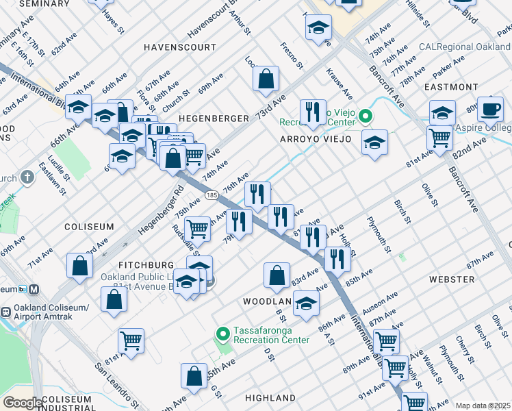 map of restaurants, bars, coffee shops, grocery stores, and more near 1432 78th Avenue in Oakland