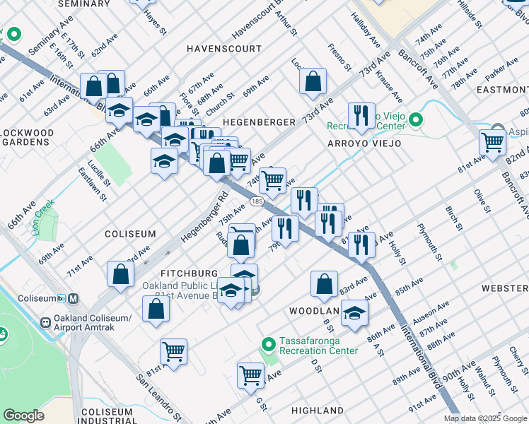 map of restaurants, bars, coffee shops, grocery stores, and more near 7515 International Boulevard in Oakland