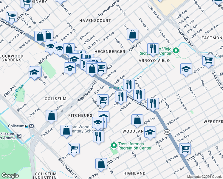 map of restaurants, bars, coffee shops, grocery stores, and more near 7515 International Boulevard in Oakland