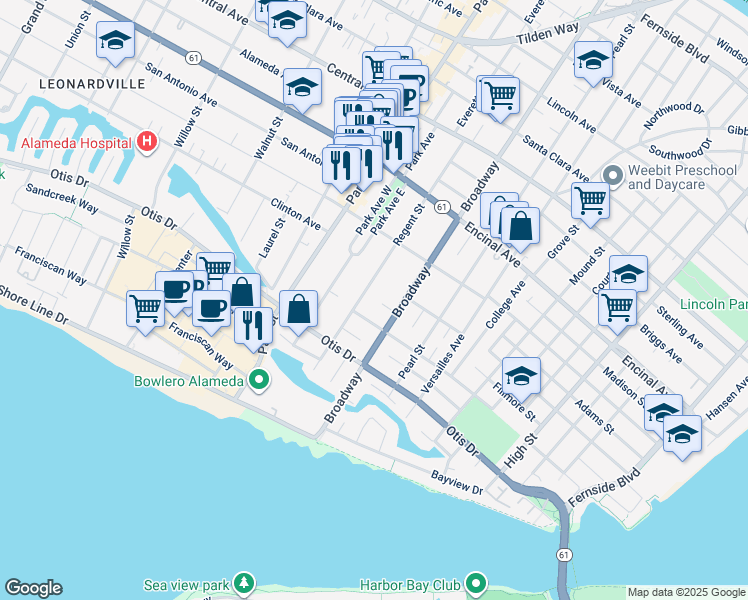 map of restaurants, bars, coffee shops, grocery stores, and more near 1130 Regent Street in Alameda
