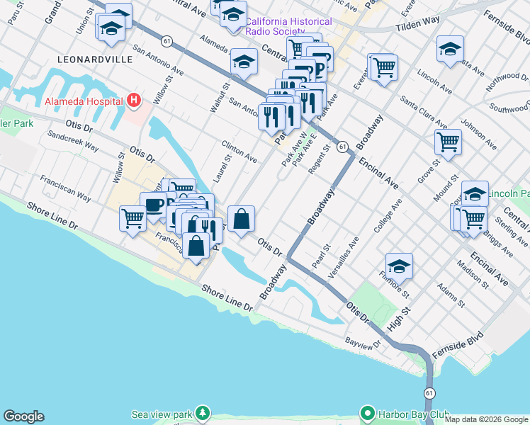 map of restaurants, bars, coffee shops, grocery stores, and more near 1115 Regent Street in Alameda