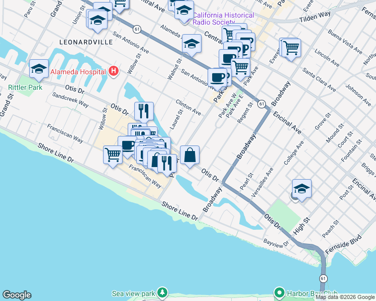 map of restaurants, bars, coffee shops, grocery stores, and more near 920 Park Street in Alameda