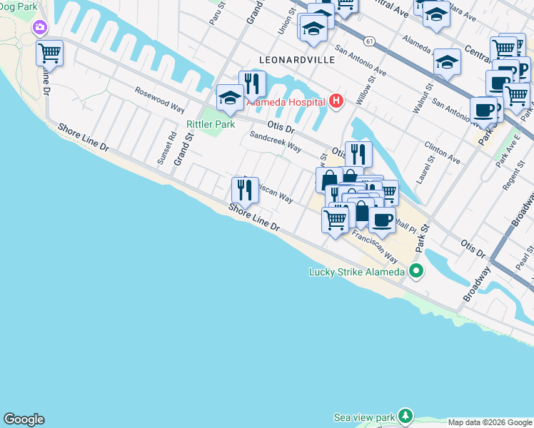 map of restaurants, bars, coffee shops, grocery stores, and more near in Alameda