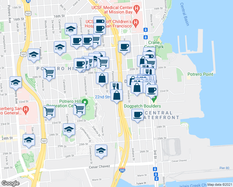 map of restaurants, bars, coffee shops, grocery stores, and more near 1150 22nd Street in San Francisco