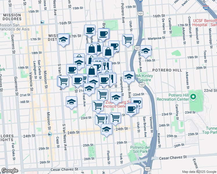 map of restaurants, bars, coffee shops, grocery stores, and more near 875 Florida Street in San Francisco