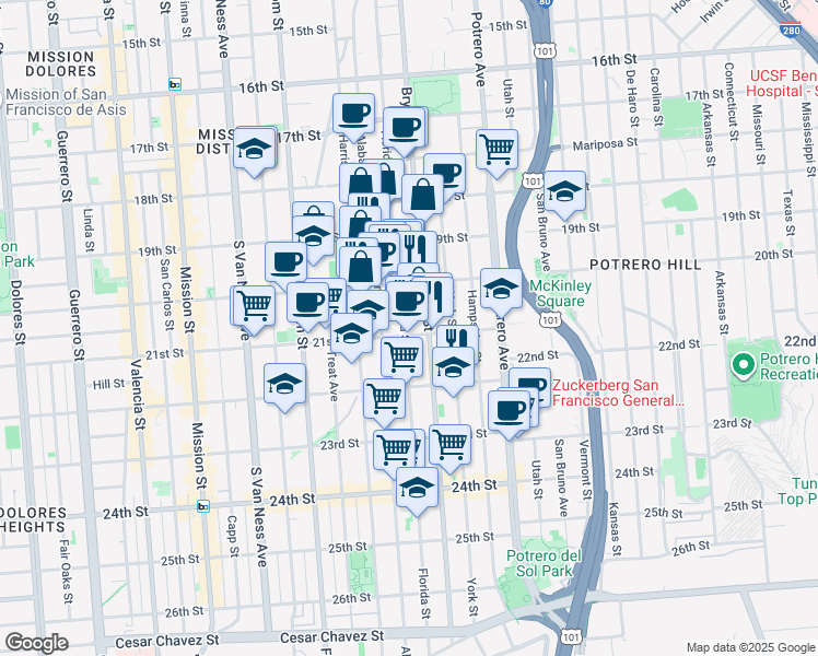 map of restaurants, bars, coffee shops, grocery stores, and more near 875 Florida Street in San Francisco