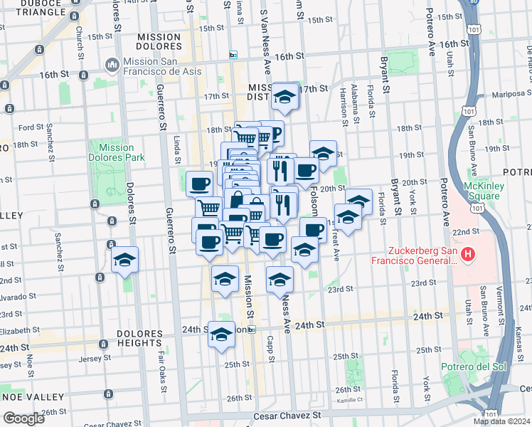 map of restaurants, bars, coffee shops, grocery stores, and more near 2471 Mission Street in San Francisco