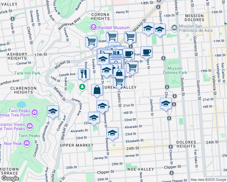 map of restaurants, bars, coffee shops, grocery stores, and more near 274 Collingwood Street in San Francisco