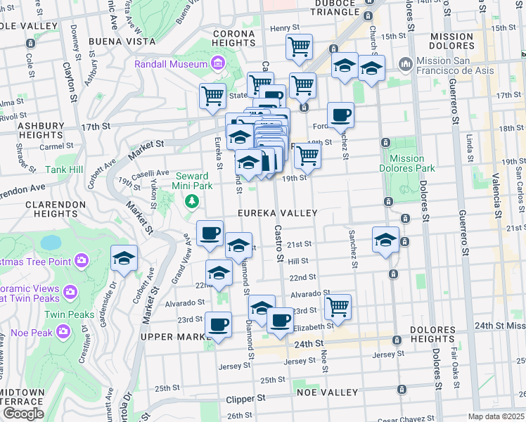 map of restaurants, bars, coffee shops, grocery stores, and more near 274 Collingwood Street in San Francisco