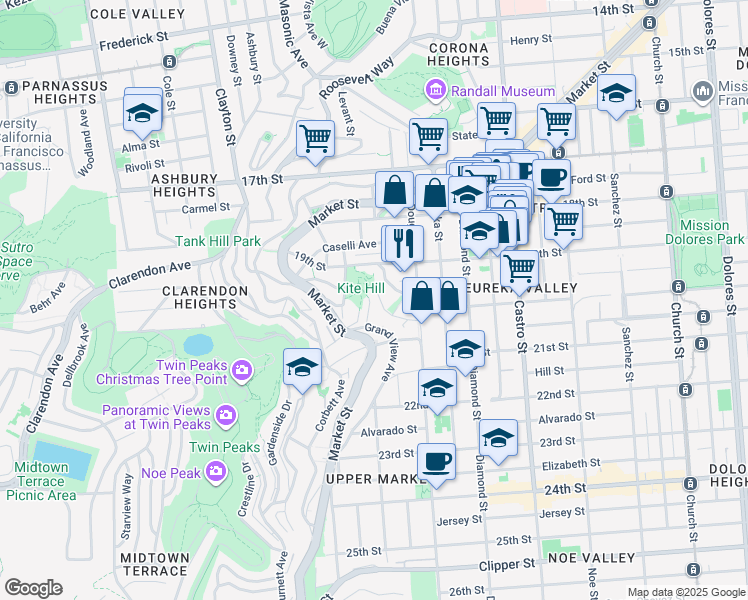 map of restaurants, bars, coffee shops, grocery stores, and more near 160 Corwin Street in San Francisco