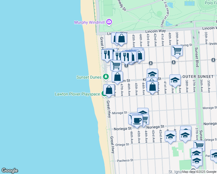 map of restaurants, bars, coffee shops, grocery stores, and more near 1520 Great Highway in San Francisco